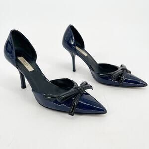 Prada Navy Blue Black Patent Leather Bow Pointed Toe D'Orsay Pump size IT 36.5